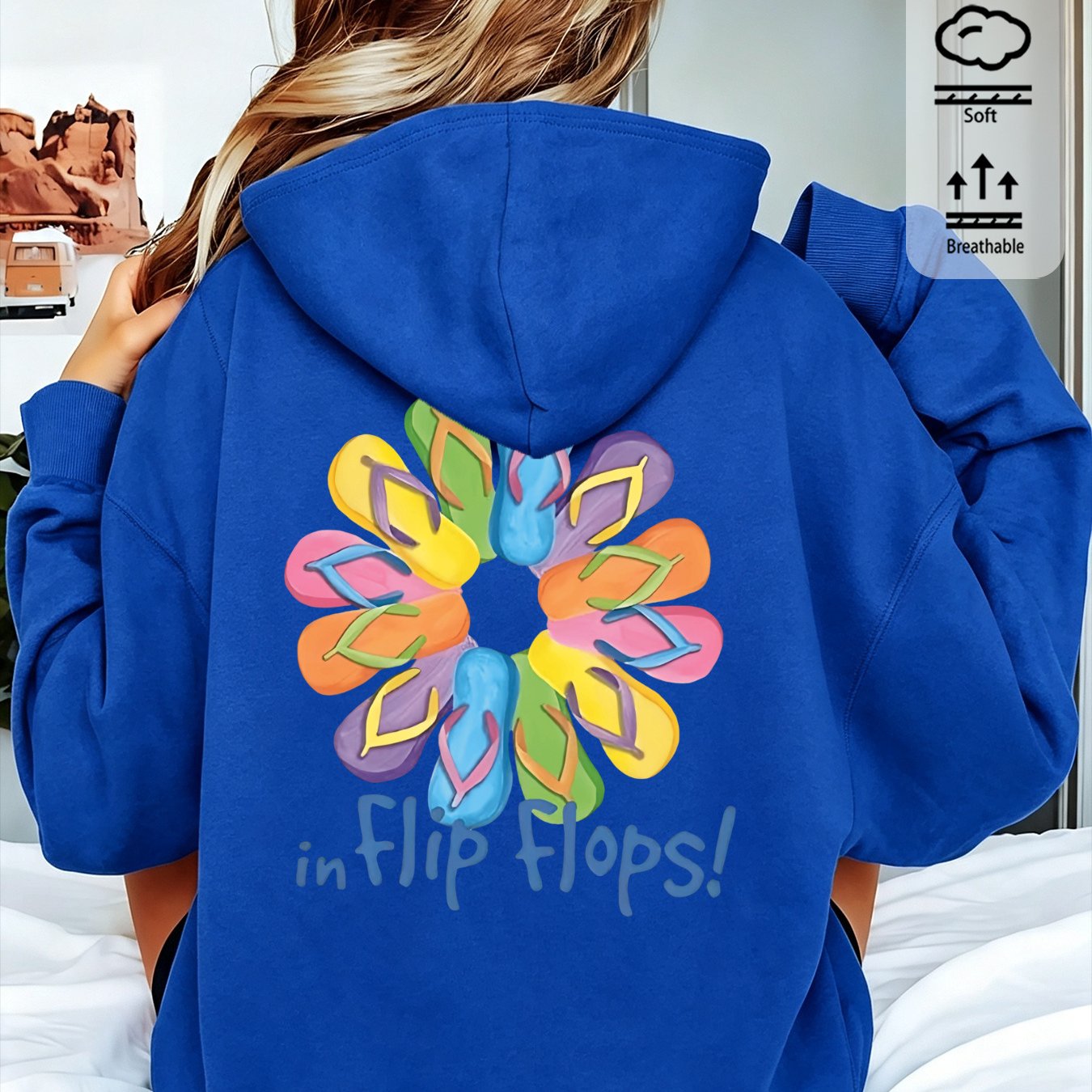 Image of Autumn Winter Women's Hoodie With Y2k Colorful Flower Print And "in Flip Flops!" Slogan, Retro Street Style Casual Drawstring Pullover Jacket