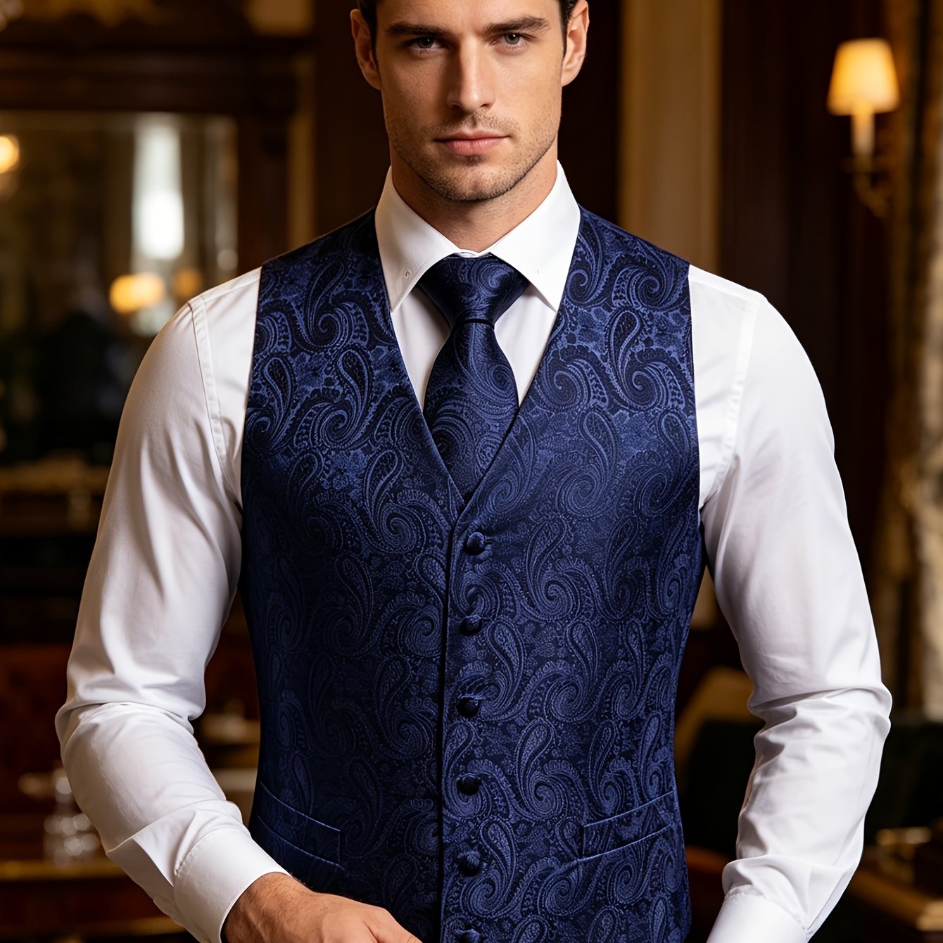 Men's Vest Vintage Paisley Pattern Waistcoat Necktie Hanky Square Set Wedding