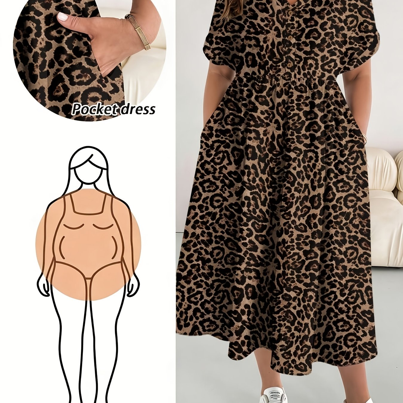 Plus Size - Plus Size - 9339 - Ženska kratka obleka za počitnice z leopardjim vzorcem za močnejše postave
