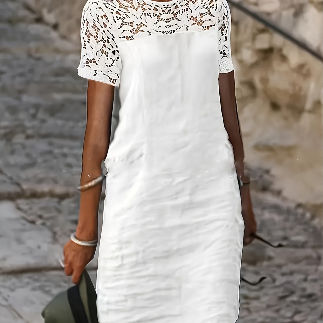 TEMU 1pc Elegant Lace Crew Neck Pencil Dress For Women - Polyester Knit Fabric, Solid Color, For Spring/summer/fall