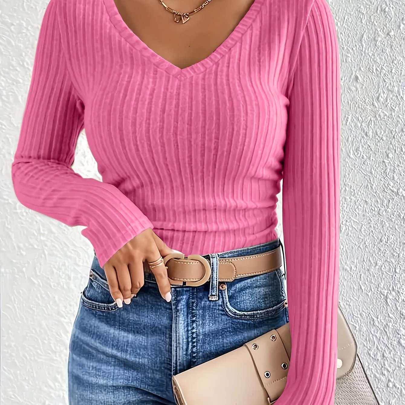 TEMU Women's V-neck Long Sleeve Ribbed Brushed Loose T-shirt, Western Style Casual Top