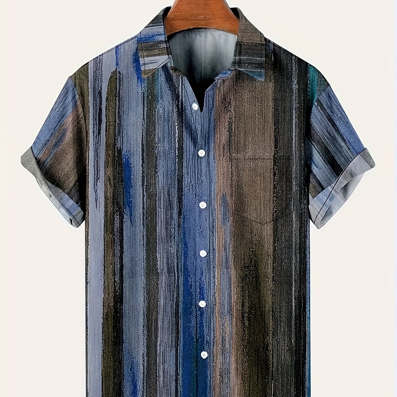TEMU Men's Plus Size Retro Oil Painting Stripes Graphic Print Shirt - Casual Button-up Lapel, Short Sleeve, Summer Wear, Polyester Fabric