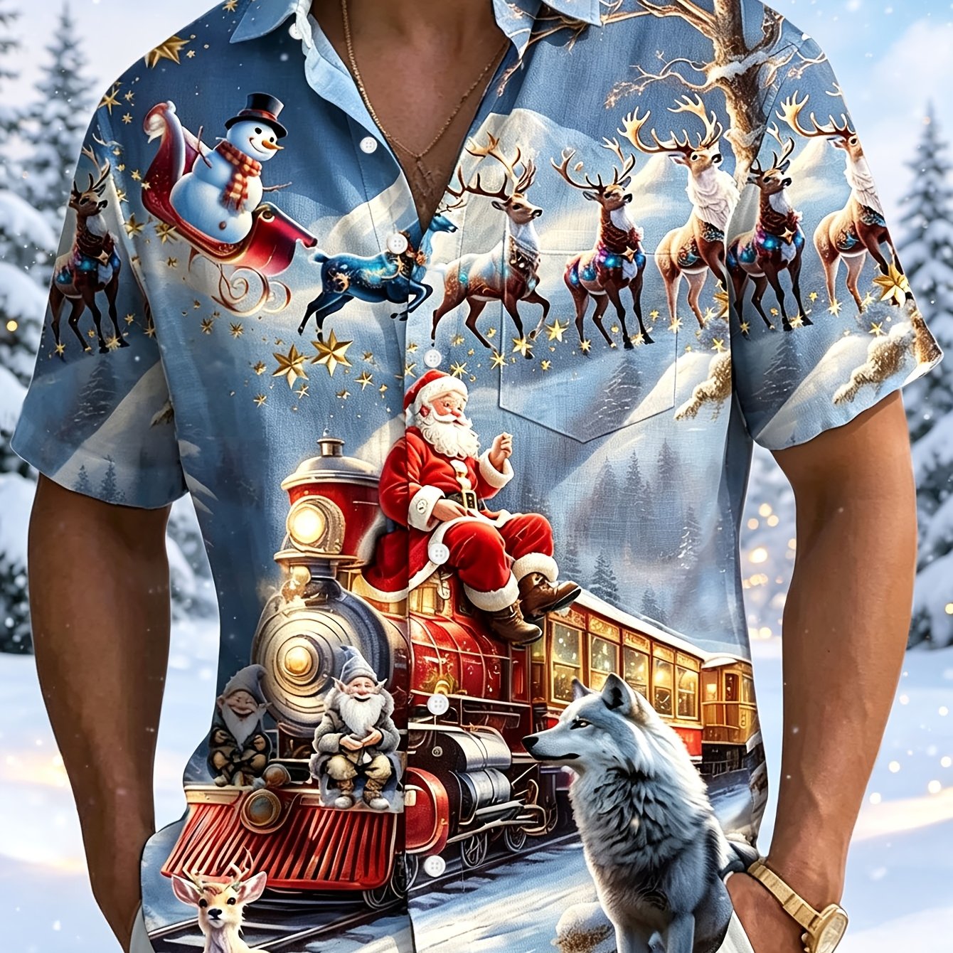 TEMU Men's Retro Button-front Short Sleeve Shirt With Santa Claus Print - Christmas Button Pocket Collar Collared Shirt Suitable For Holiday Parties,