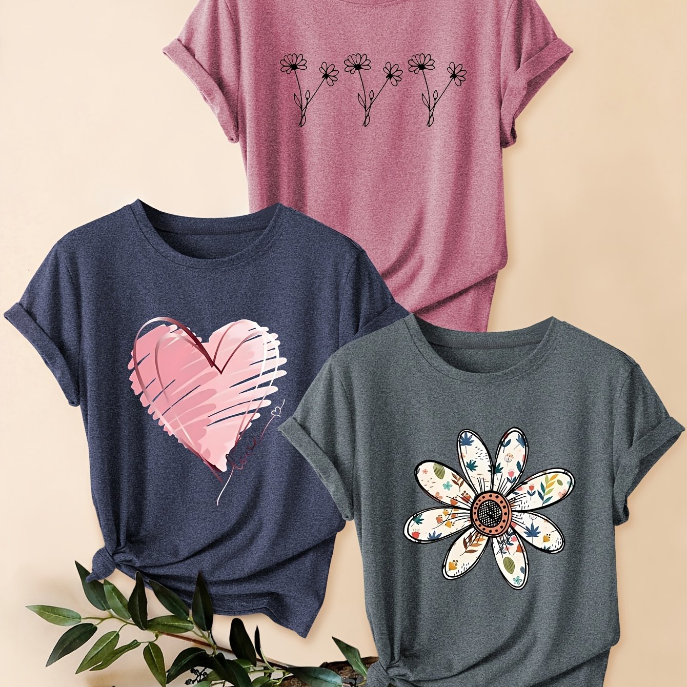 TEMU Three-pack Women's Casual Sporty Style Vintage Fashion Round Neck Short Sleeve T-shirt With Heart And Floral Print