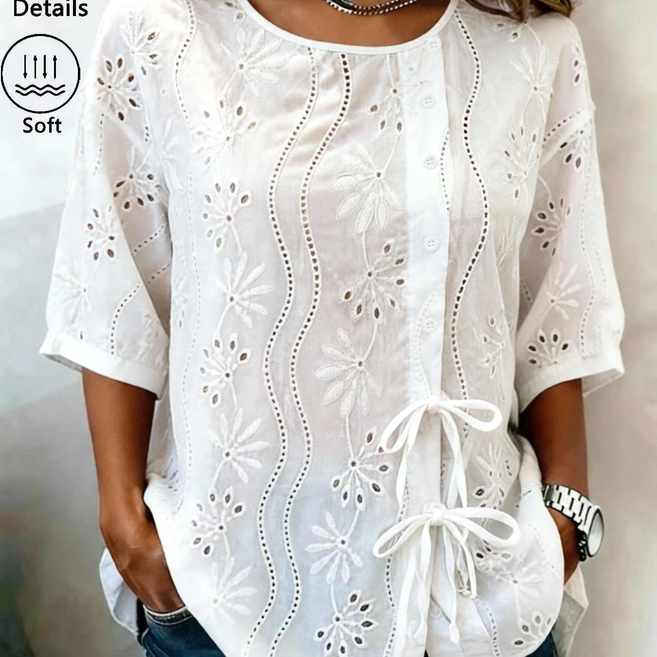 TEMU Plus Size - Women's Floral Embroidery Blouse, Eyelet Hollow Out Round Neck Tie Front Shirt, 3/4 Sleeve Loose Fit Casual Top, Soft Lightweight