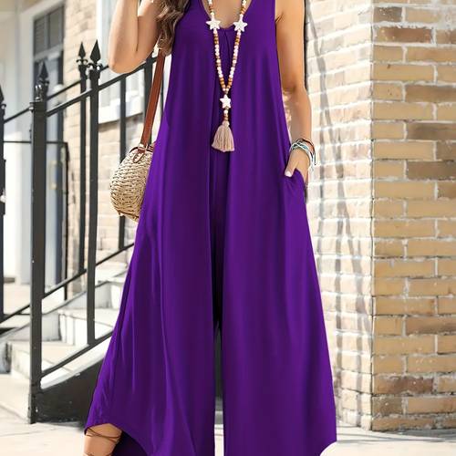 womens plus size elegant v neck wide leg jumpsuit with pockets solid red comfortable versatile for spring summer and fall casual elegant attire jumpsuit flowing silhouette