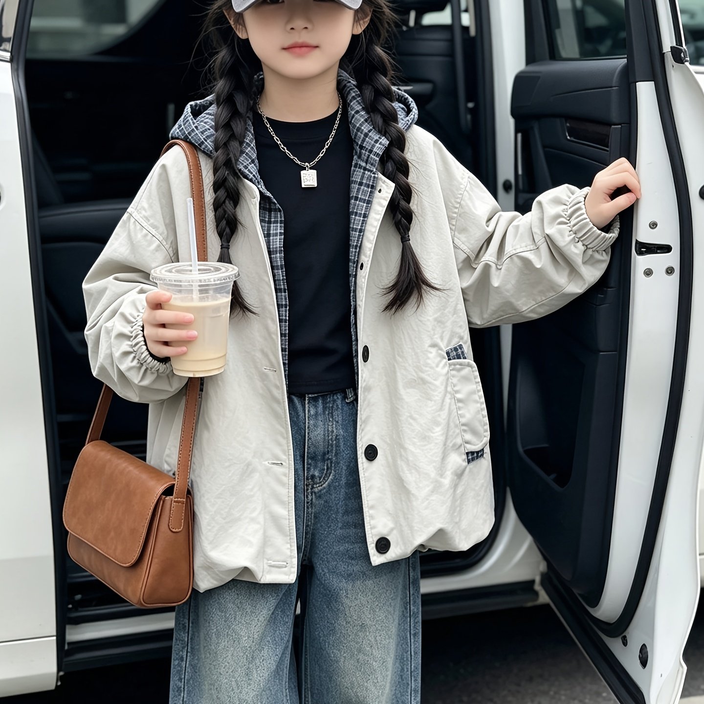 Image of Girls' Fake Two-piece Hooded Jacket 2026 Autumn Korean Style Cool Workwear Top Spliced Loose Jacket For Older And Medium-sized Children For Daily School And Street