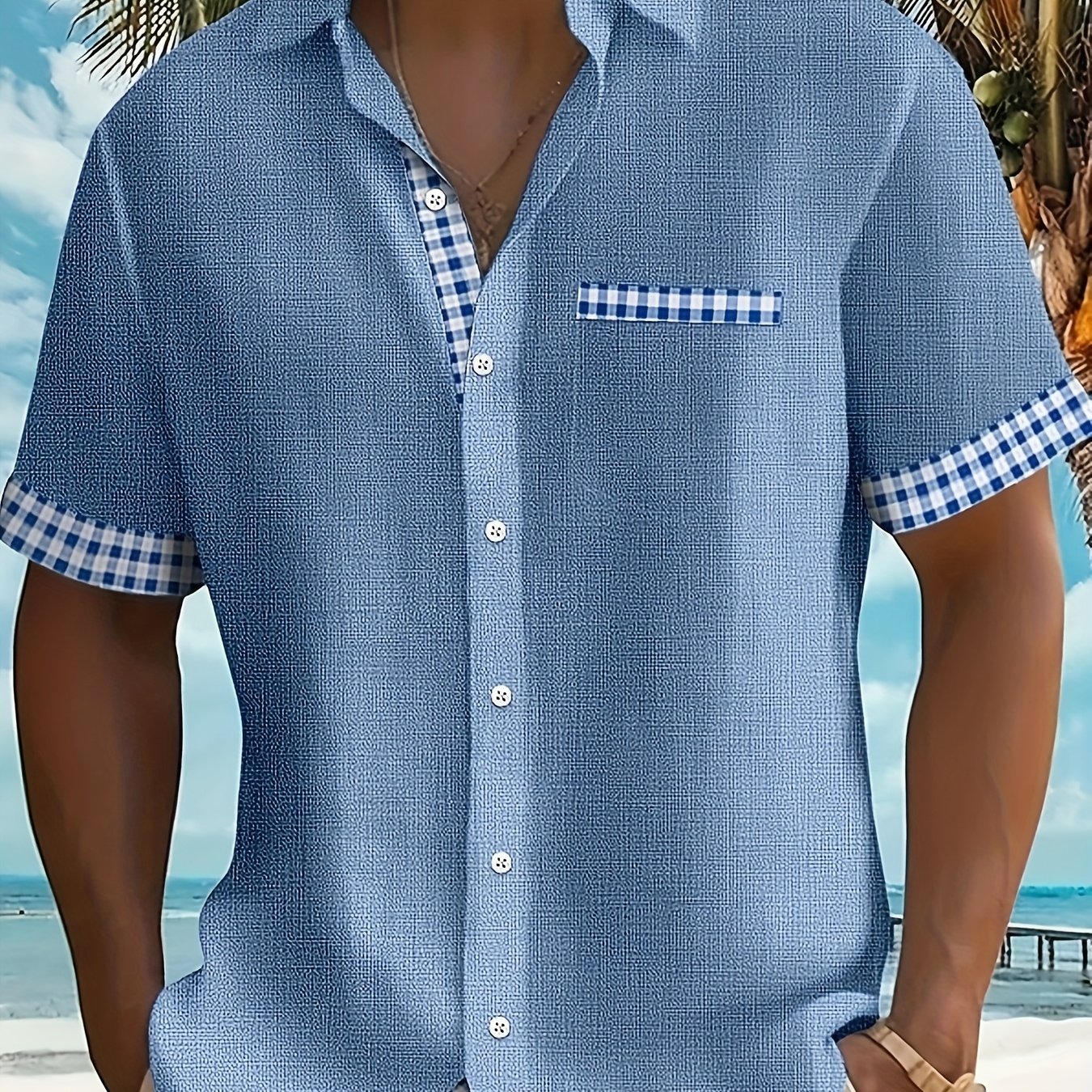Checkered Texture Print Men's Button-pocket Short Sleeve Shirt