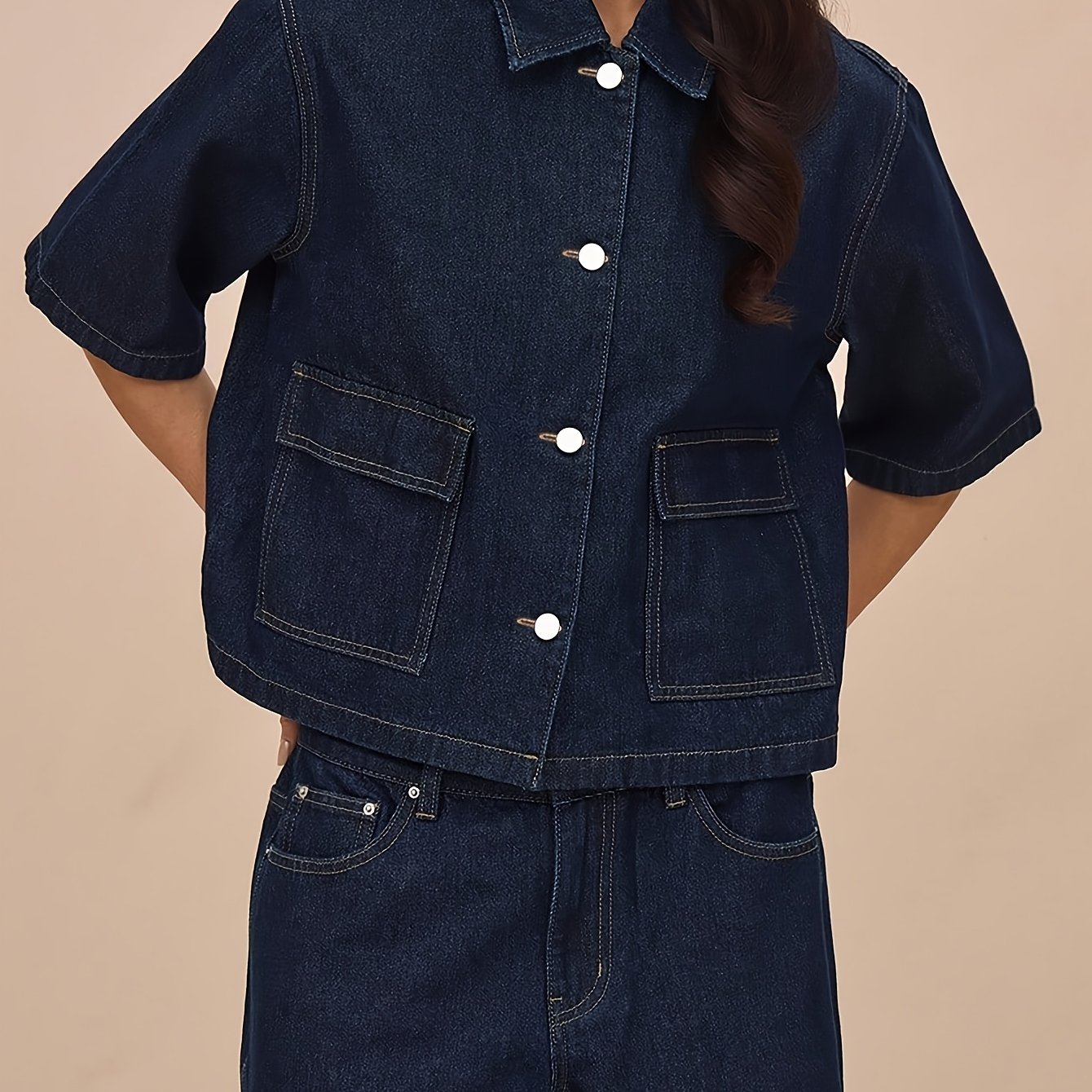 Image of [2026ss] Vintage Style Dark Blue Short Sleeve Denim Top, Lapel Button Large Pockets, Street Style/music Festival/casual Versatile Short Jacket Women's Fashion Denim Top Shirt
