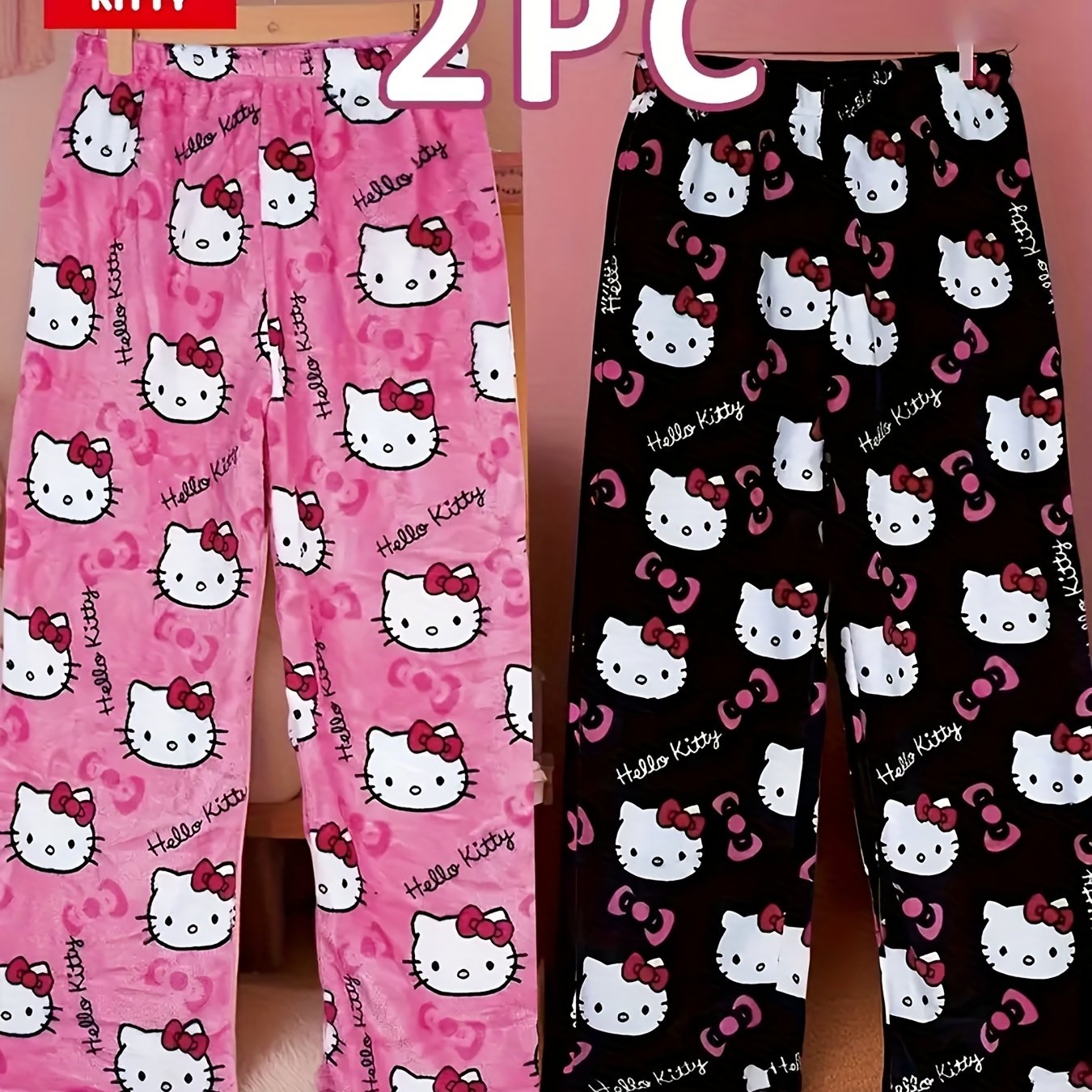 E-shop Sanrio Flanell-Pyjama-Hosen 2er Set, Warme Herbst/Winter Damen Loungewear, Casual Elegante Weitbeinige Hosen für Draußen, Mehrere Farben