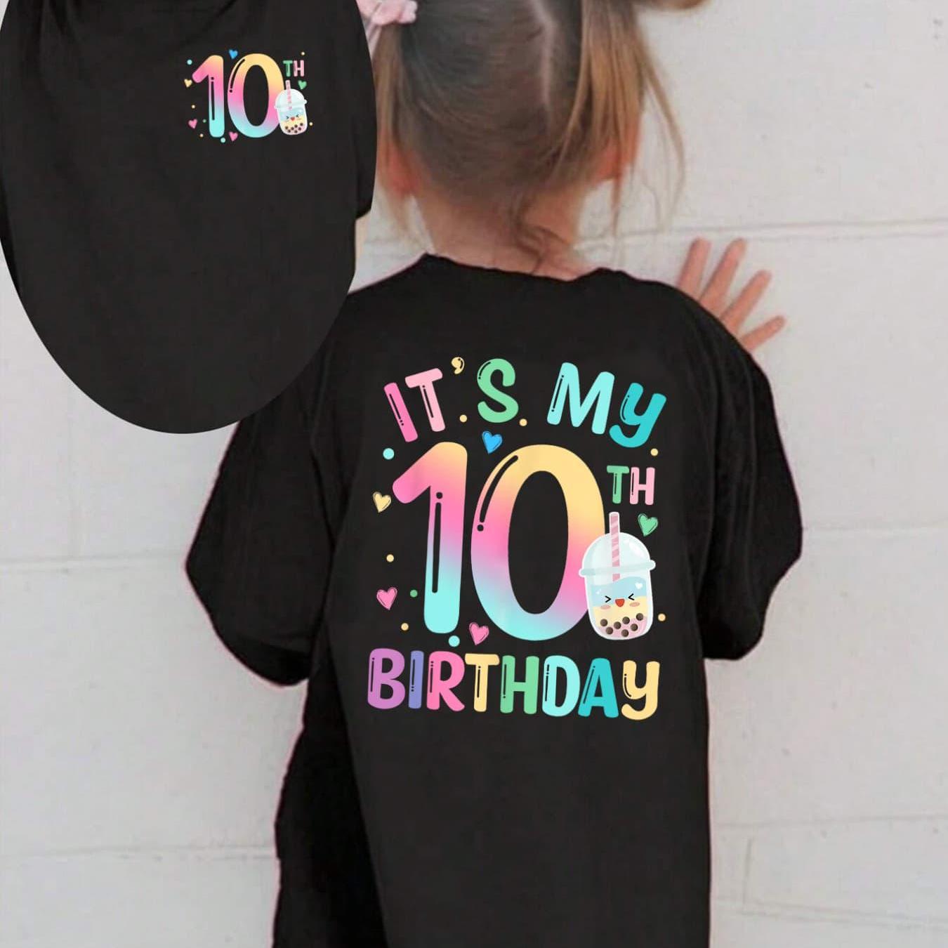Image of Birthday Series: 10th Birthday" Summer Fashion Girls' Short-sleeve T-shirt " My 10th Birthday" Milk Tea Element Double-sided Versatile Top Ny-dx6109