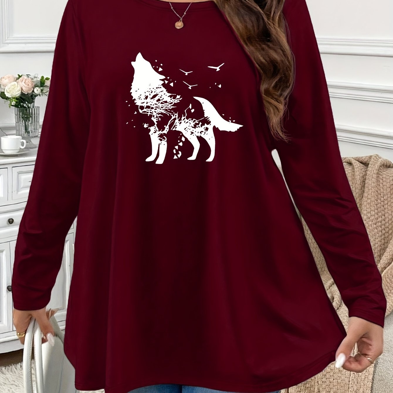 TEMU Plus Size, 1xl~9xl Women's Plus Size New Loose Fit Casual Animal Print Wolf Graphic Long Sleeve T-shirt, And Summer Solid Color Round Neck Base