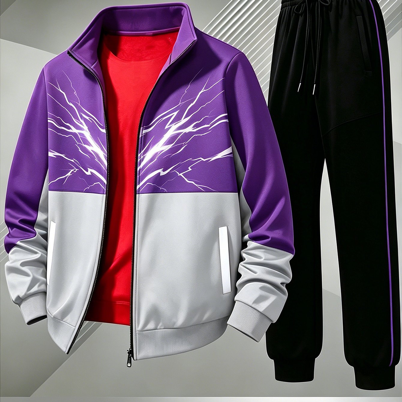 Image of Men's Casual Zipper Sweatshirt And Long Pants 2pcs Set, Polyester Fiber Printed Regular Style For Spring And Autumn Vacation And Street Fashion