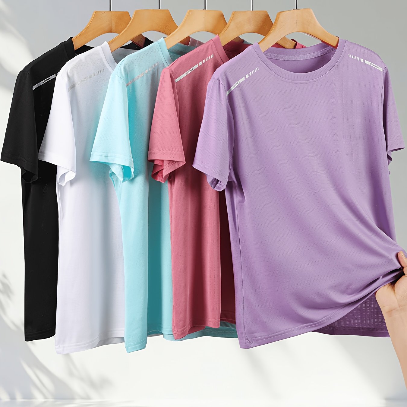 TEMU 5pcs Set Of Summer Women's Fashion T-shirts, Breathable And Sweat-absorbing, Geometric Pattern Print Design With Multiple Solid Colors, Suitable