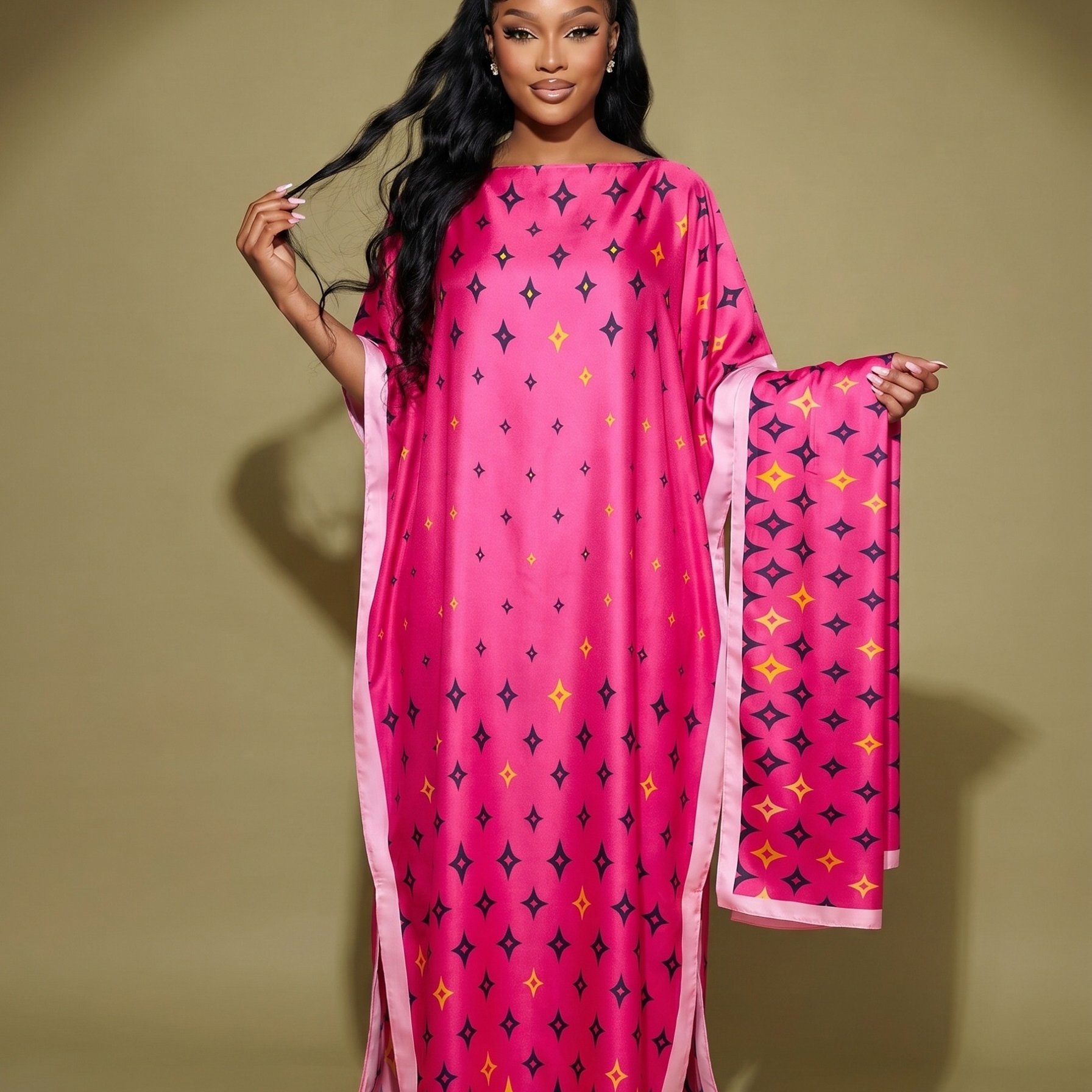 TEMU Plus Size - 1pc Artistic Ethnic African Pattern Kaftan Abaya And Scarf, Elegant Loose Dress For Modern Trends 140cm