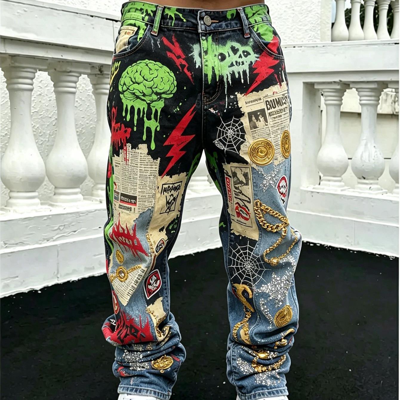 Image of Lightweight Printed Denim For Summer, Denim-like Fabric Men's Hip Hop Street Style All Over Loose Straight Pants Daily Streetwear Music Festival Party Outfits