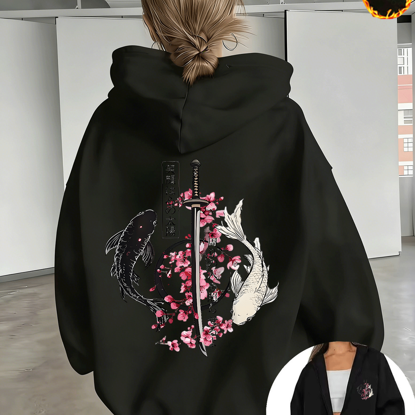 TEMU 1pc Women's Koi Sword Print Fleece Hoodie Zip-up Sweatshirt, Fall Winter Outerwear Jacket, Casual Versatile Comfortable, Daily Wear, Gift