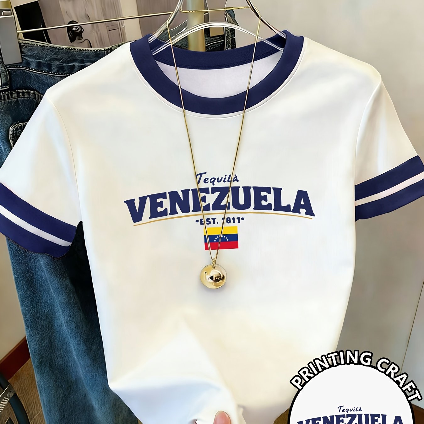 TEMU 1pc Verano Todo-Combinación Cuello Manga Corta Camiseta, Moda Versátil Estampado Venezolano, Estilo Coreano Reductor de Edad Bloque de Color