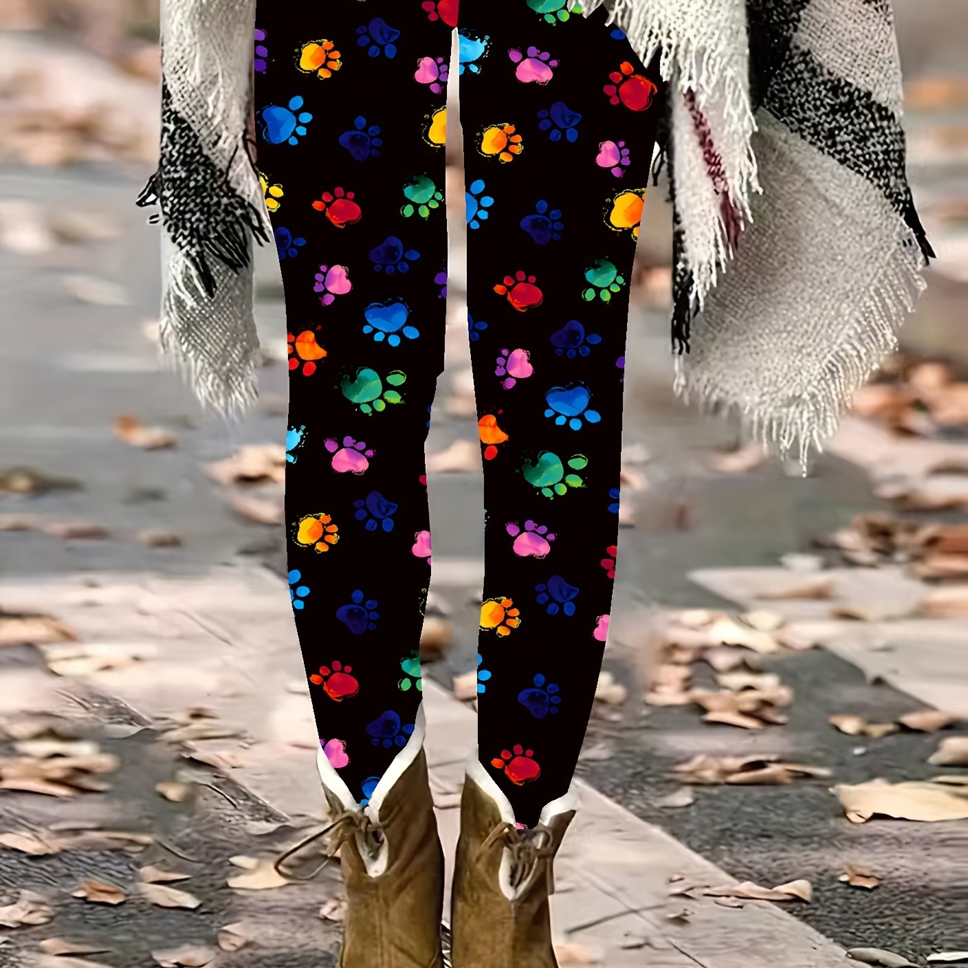 TEMU Plus Size Women's High-waisted Leggings With Colorful Paw - Stretchy Polyester, , Machine Washable, Elegant Casual Fit, High Waist Pants,