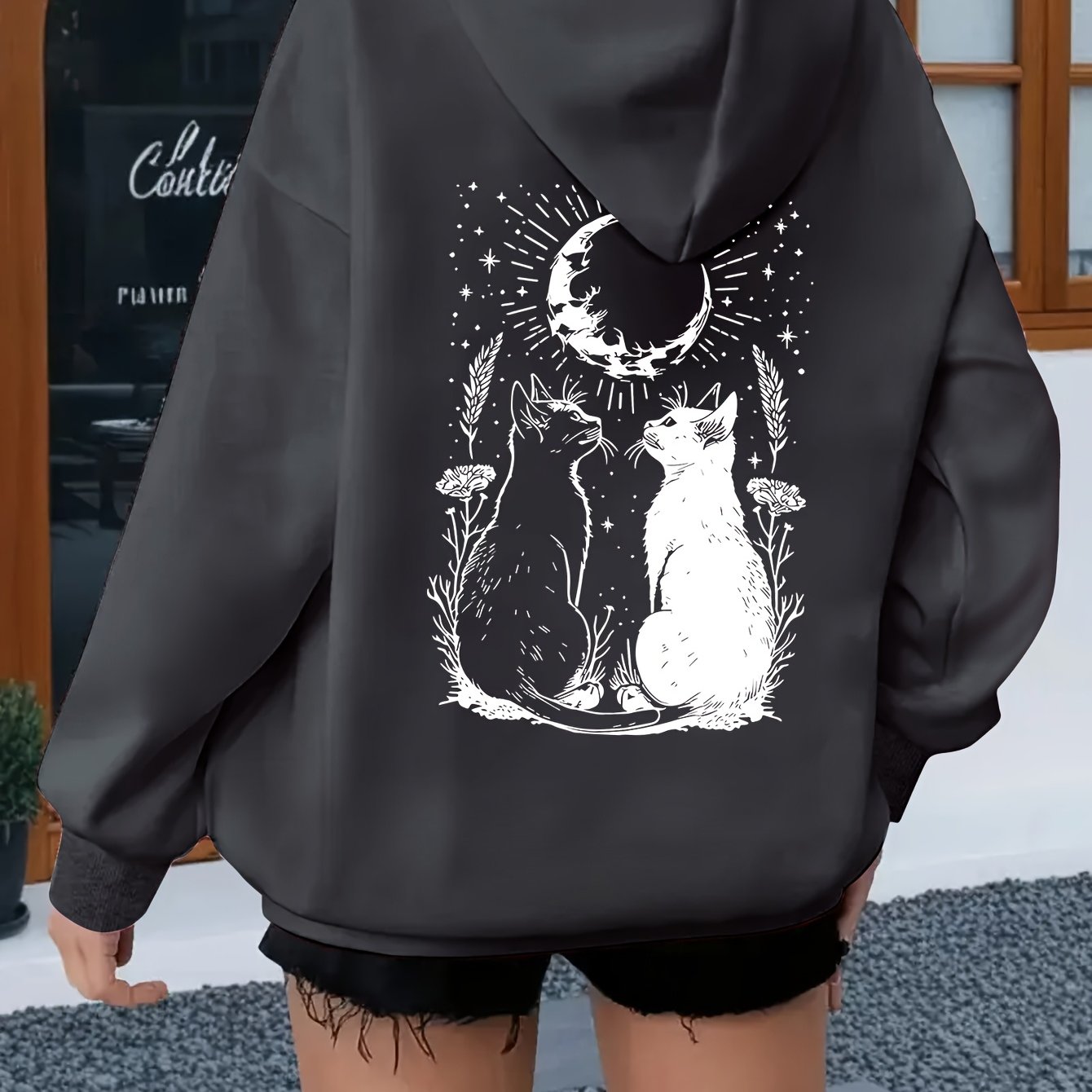 TEMU Plus Size Dames Comfortabele en Casual Hoodie, Twee Kitten Prints, Lange Mouwen Ronde Hals Licht Elastische Hoodie, Wasmachinebestendig - 100%