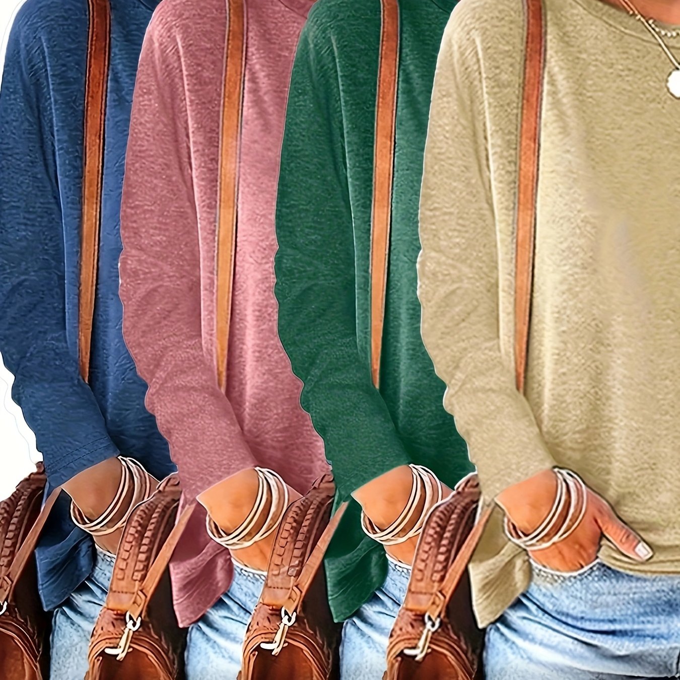 TEMU 4pcs Spring/autumn New Solid Color No-print Round Neck Long Sleeve Loose Casual Women's T-shirt Tops, Machine Washable - Suitable For