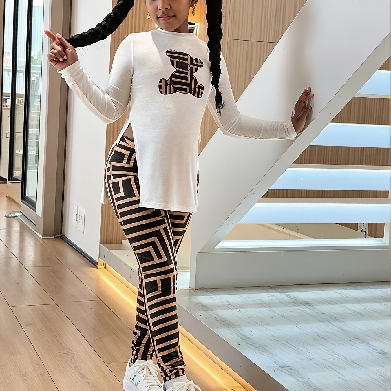 E-shop Mädchen Rundhals Langarm Geometrisches Tierprint Oberteil + Hose 2-teiliges Set, Casual Vielseitig für den Herbst, für Draußen
