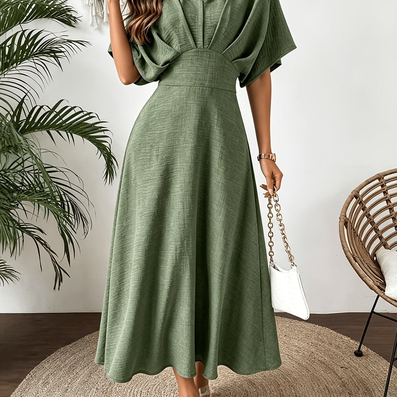 Spring Summer Development Vacation Elegant New European Trendy Solid Color Short Sleeve V-neck Women's Dress