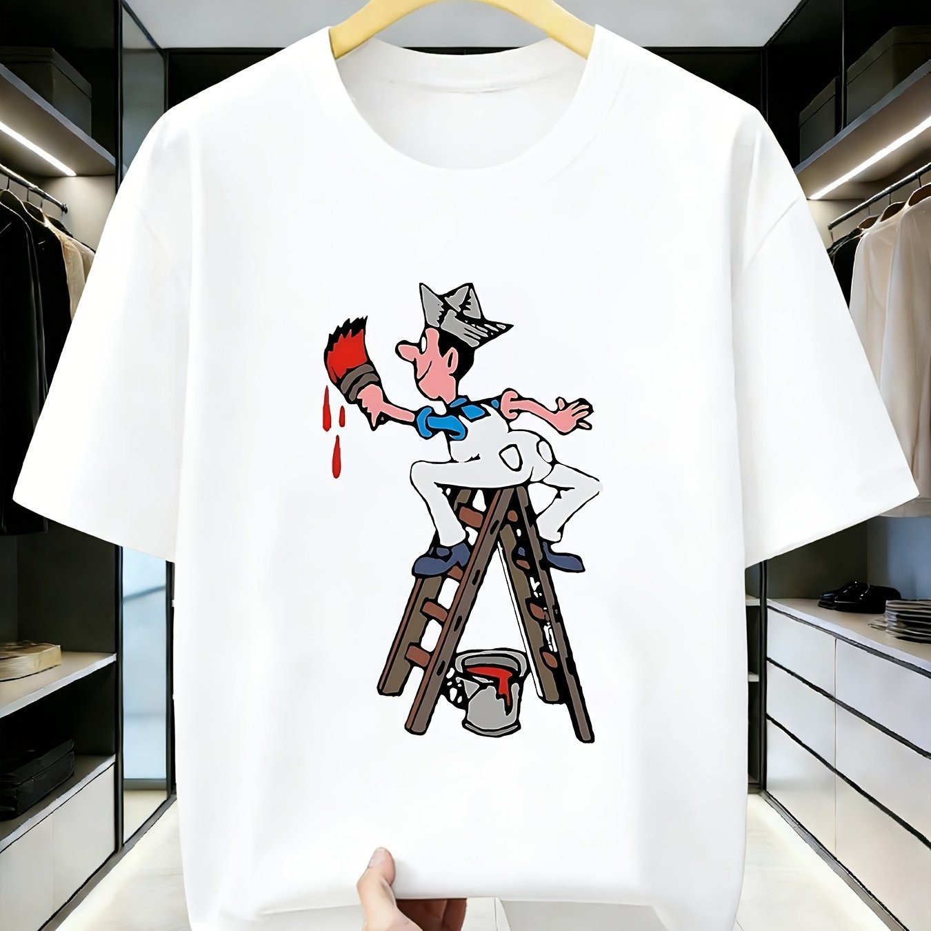 TEMU 1pc Men's Soft Breathable T-shirt - Funny Painter On Ladder Print, Round Neck Short Sleeve Tee, Suitable For Casual Wear, Halloween Costume, And