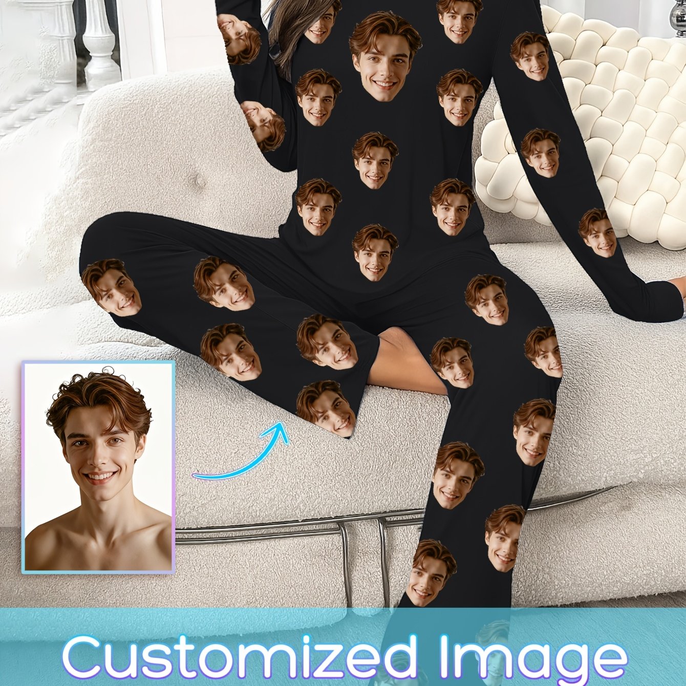 TEMU Gepersonaliseerde Dames Set met Aangepaste Gezichtsprint - Lange Mouwen Top + Broek, Zwarte Basis met Dicht Portretpatroon, Exclusief