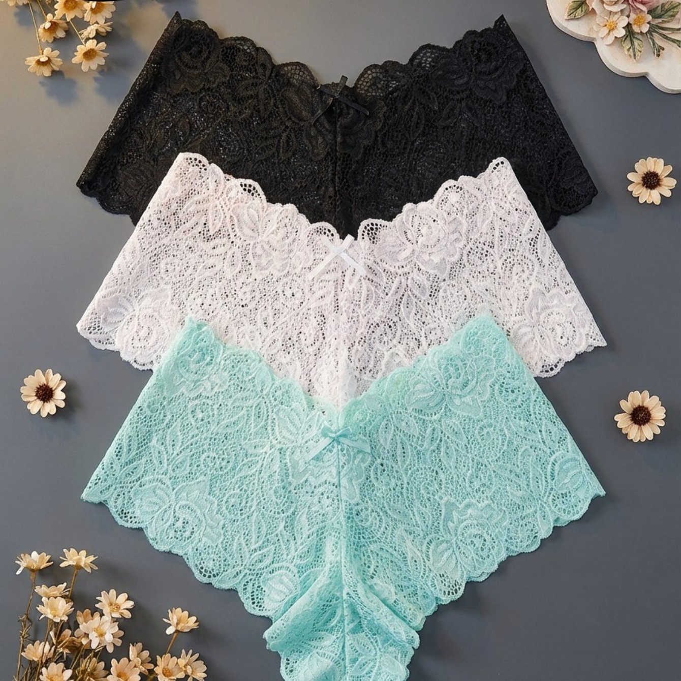 TEMU 3-pack Sexy Lace Briefs, Women's Low-rise Breathable Sheer Square Panties, Pure , Seamless Non-bulging, Comfortable Skin-friendly Triangle