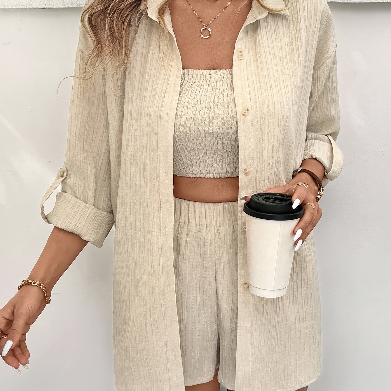 E-shop Damen-Mode-Set, 3-teilig – Tanktop + Shorts + Langarm-Shirt-Jacke, mit verstellbarer Ärmellänge