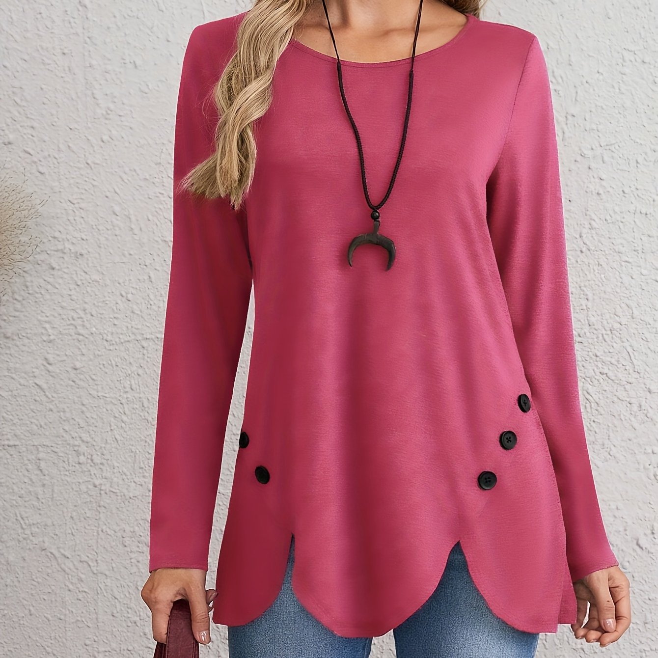 Elegant Women's Long Sleeve T-shirt - Top With Decorative Buttons, Round Neck Regular Fit, Machine Washable Spring/fall Casual & Formal Wear, Ladies T Shirts, Apparel, Medium Elasticity Shirt