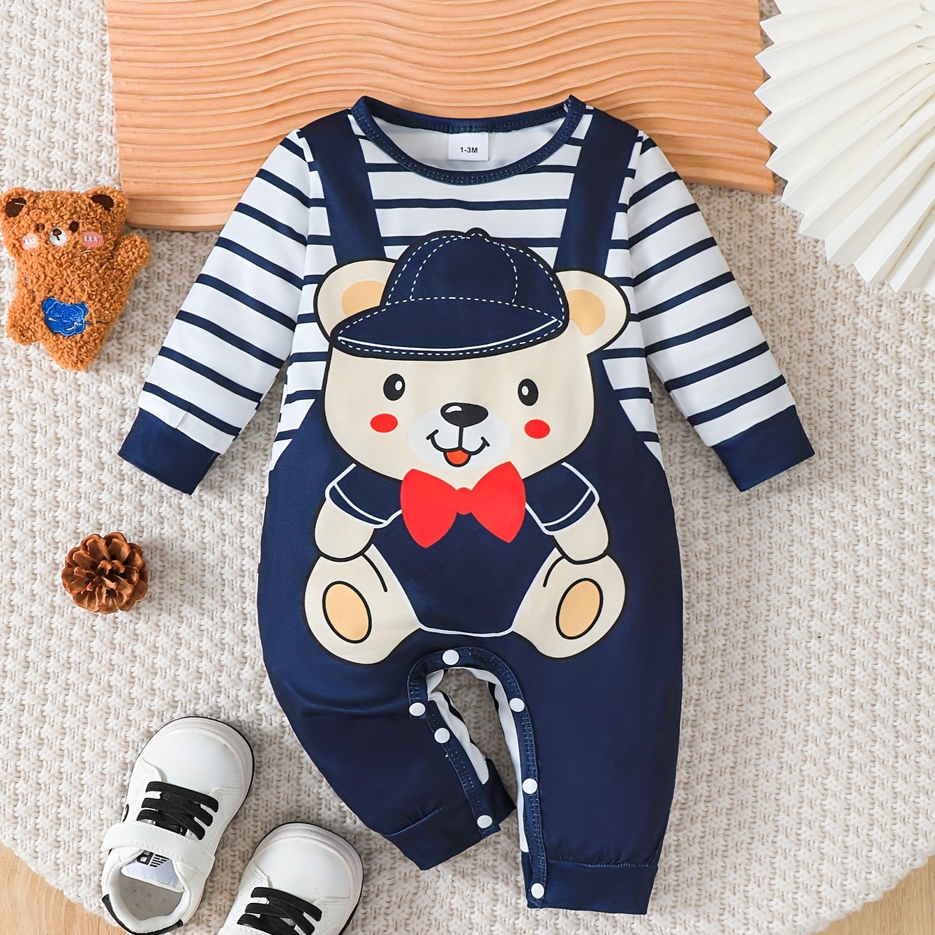Image of Newborn Baby Boys And Girls Newborn Baby Toddler Cute Fashion Trendy Fake Suspender Print Long Sleeve Long Pants Jumpsuit Comfortable Ordinary Jumpsuit, For Outdoor