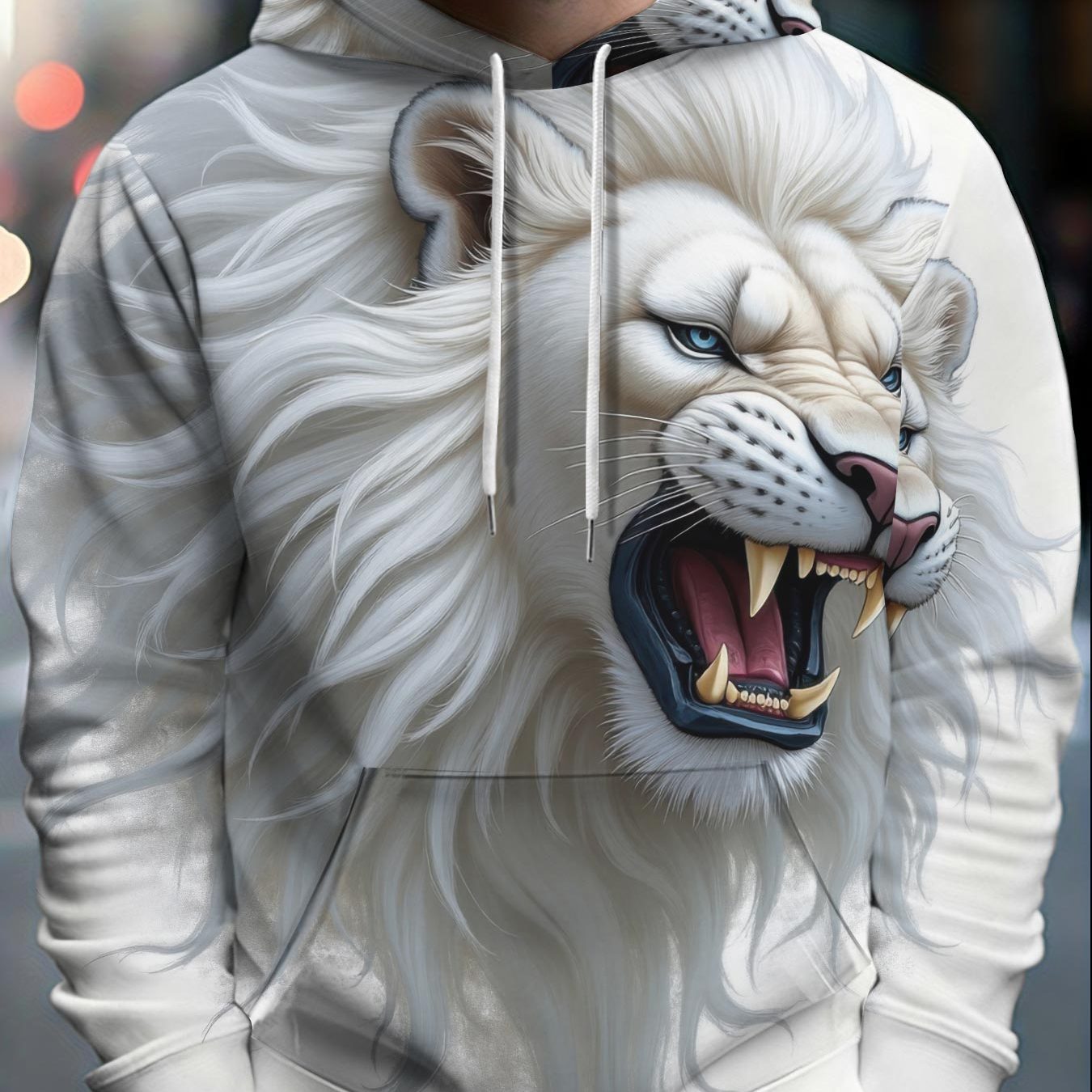 TEMU Men's Fashion Casual Long Sleeve Hooded Sweatshirt, Streetwear Athletic Hoodie White Lion Flowing Faux Fur , Trendy Style, Fashionable And