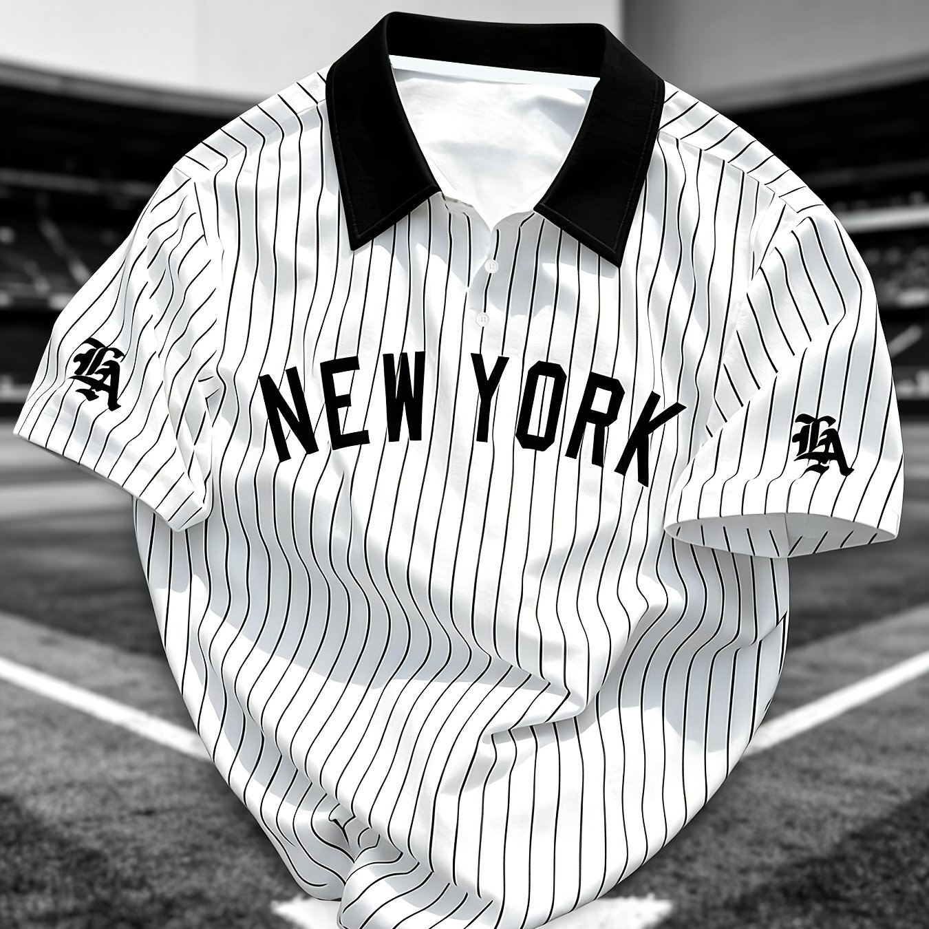 TEMU Men's Lapel Striped Shirt, Letter And Sleeve Logo Print, Suitable For Daily And Casual Gatherings, Baseball Style Short Sleeve