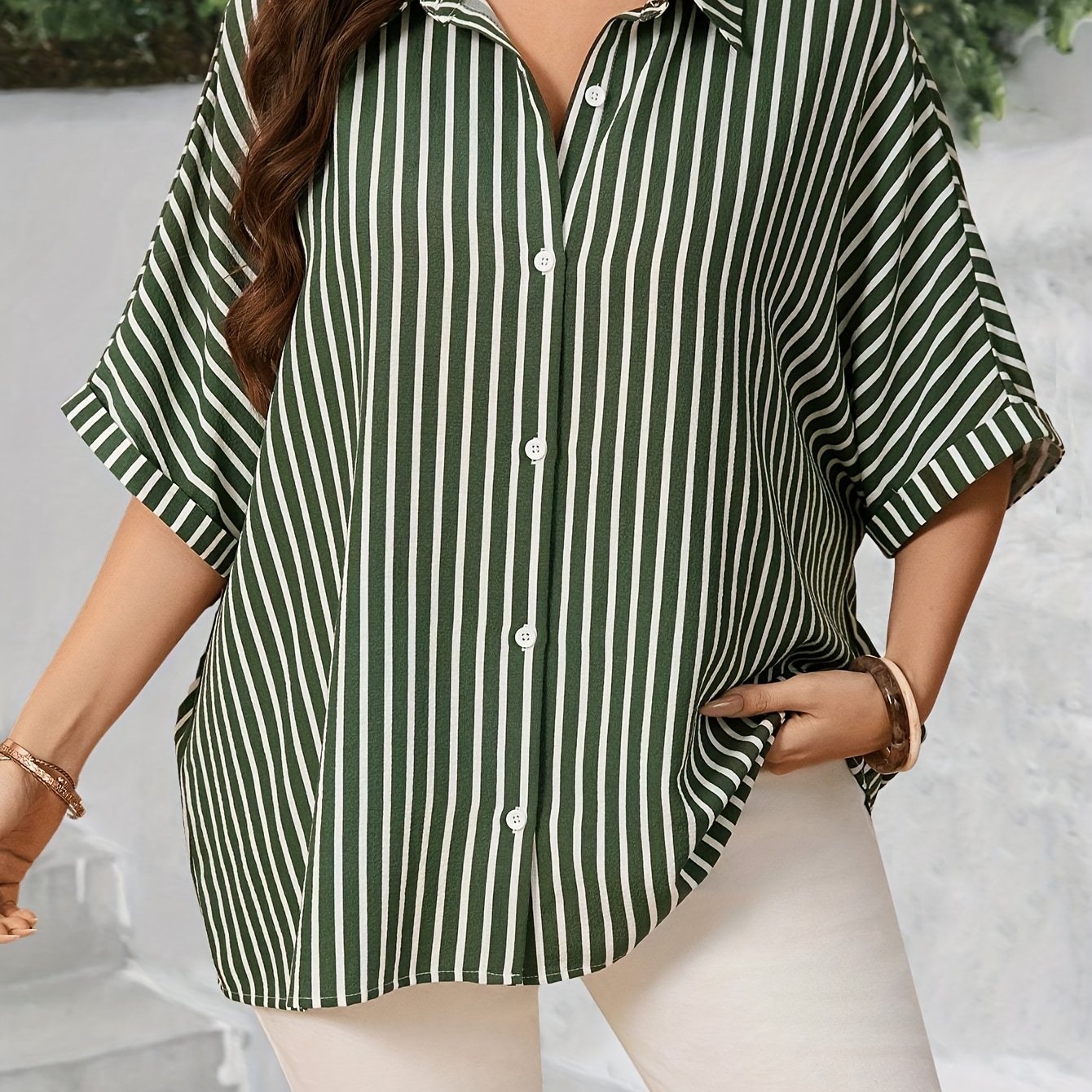 E-shop Plus Size - Plus Size - Cun Richtungsabhängiges Plus Size Old Money Casual Gestreiftes Batwing Ärmel Shirt, Damen Sommerkleidung, Damen