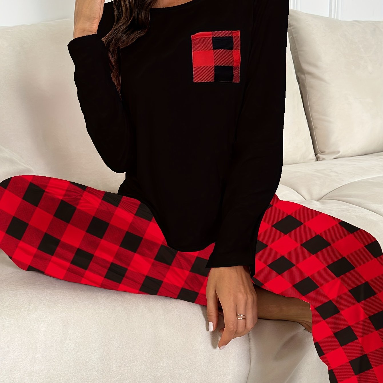 Image of Women's Cozy Pajama Set With Pockets - Long Sleeve Crew Neck Top & Waist Pants, Soft Polyester , Machine Washable