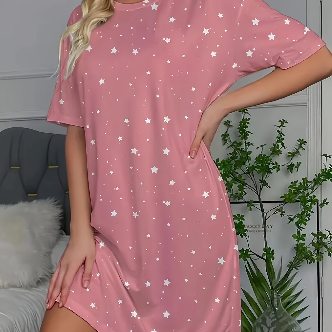 Image of Ladies' Starry Night Casual Sleep Dress - Comfortable Long-sleeve Round-neck T-shirt Style Dress