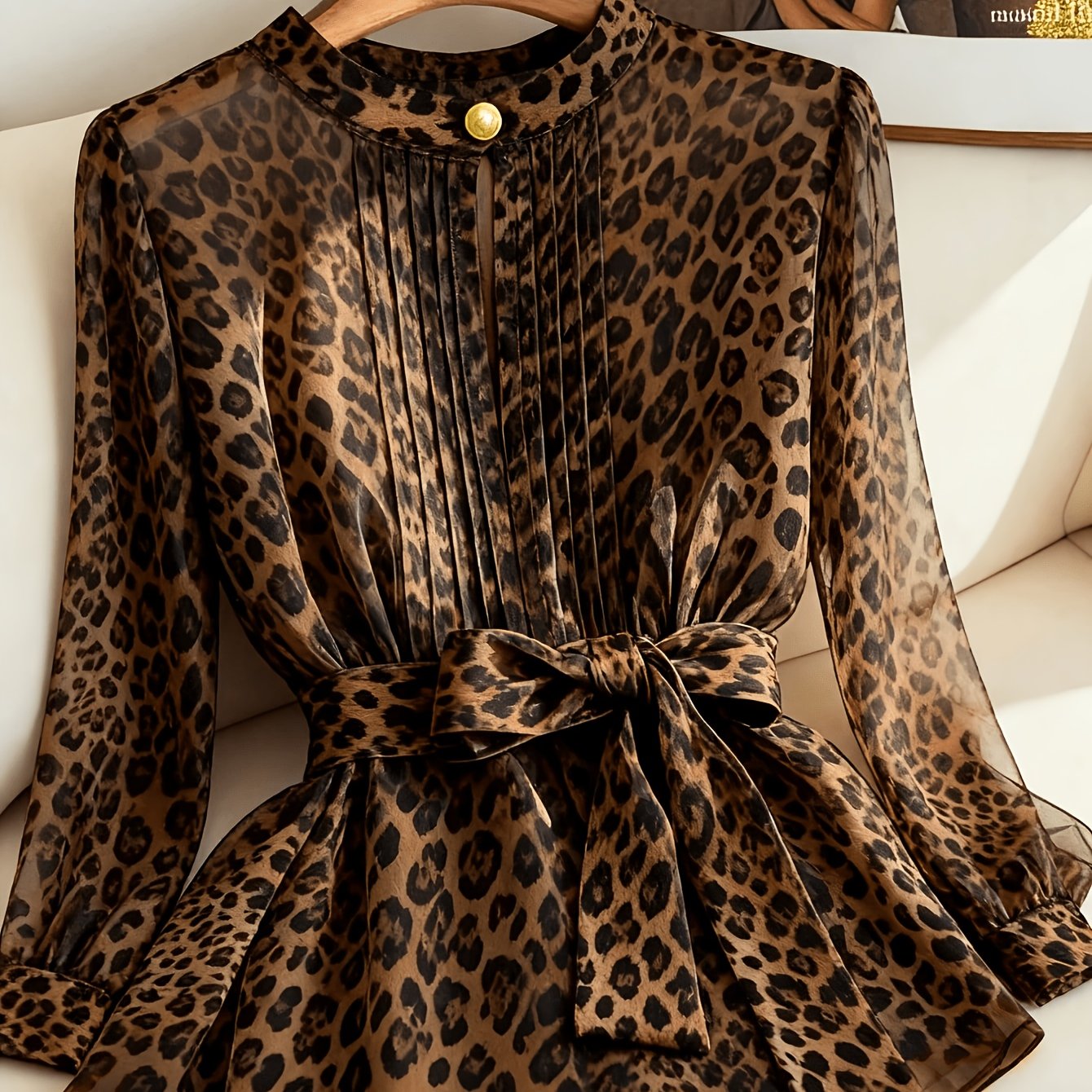 TEMU Elegant Directional Women's Pleated Round Neck Button Bow Leopard Print Shirt, Sheer Long Sleeve Top For Autumn, , Elegant For Work
