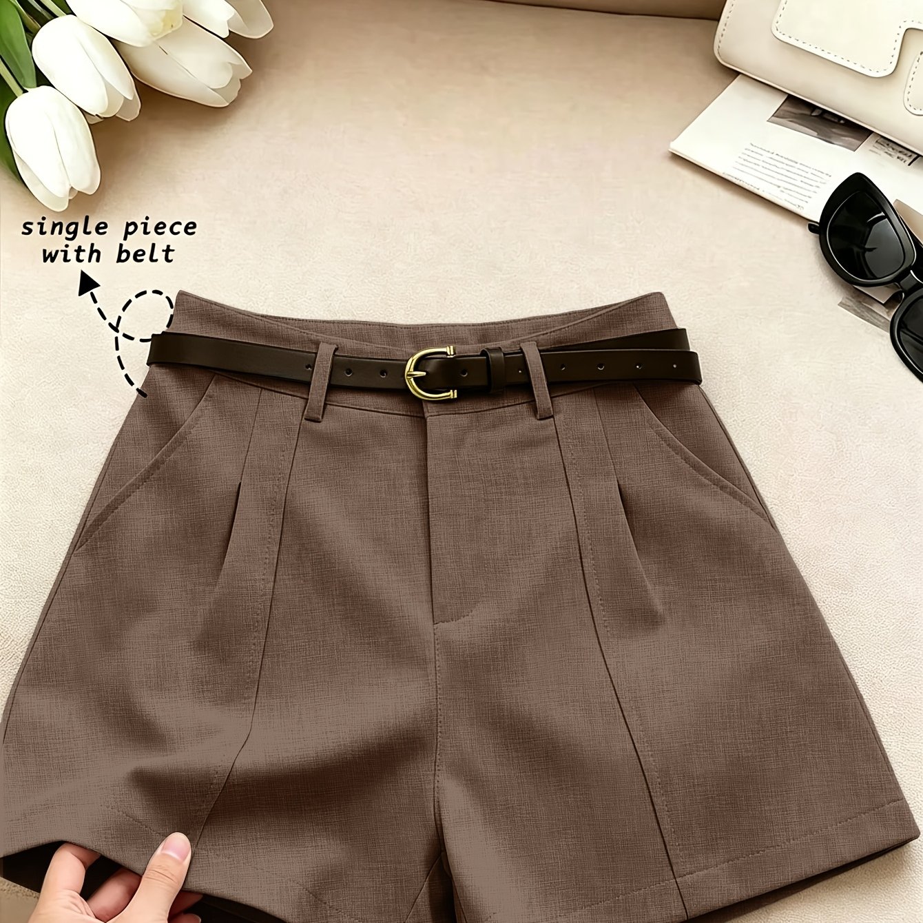 TEMU Women's High-waist Blazer Shorts, Solid Pleated Casual Shorts With Belt, Fitted A-line Shorts, Summer Lightweight Office And Daily Wear