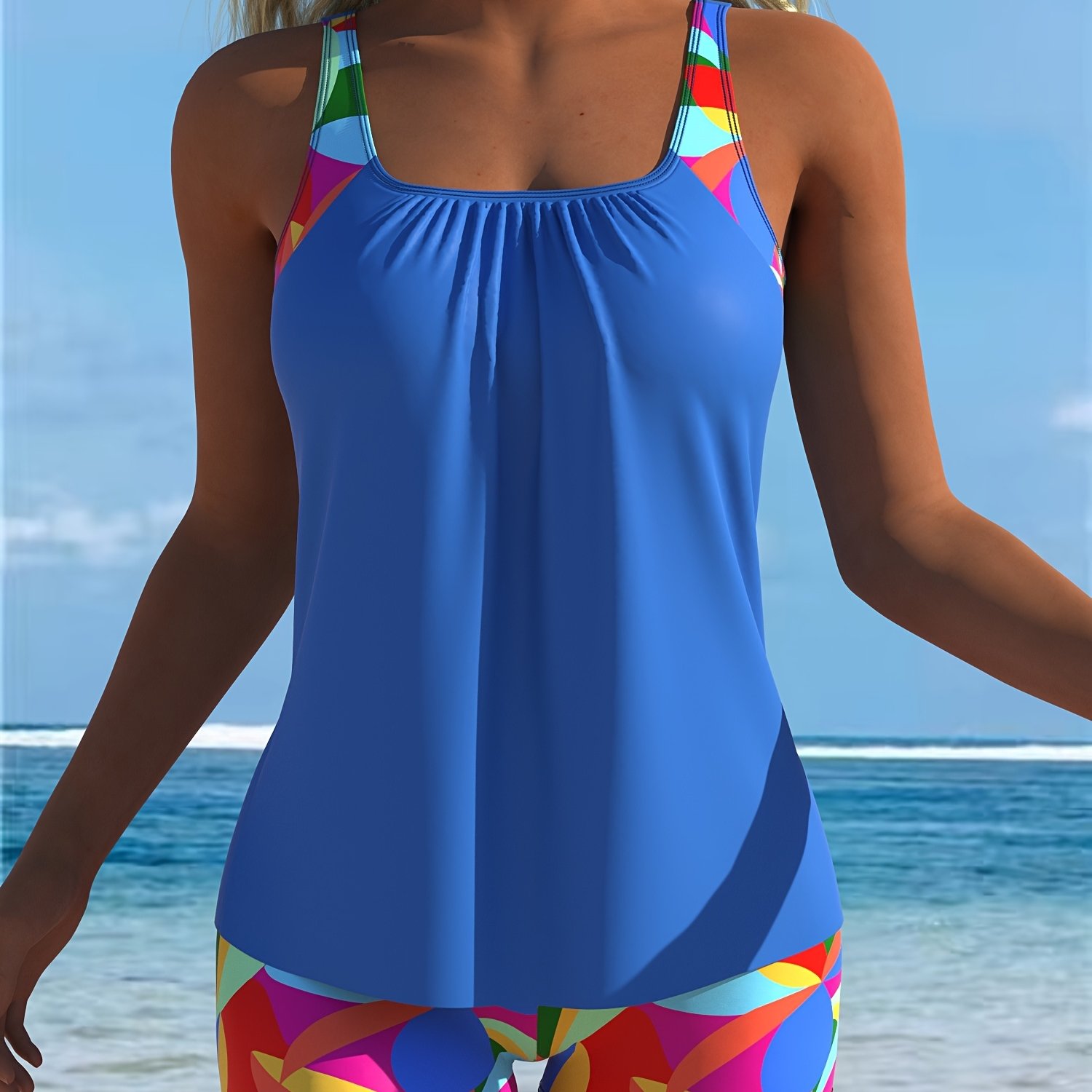 Image of Women's Blue Print Swimsuit Set - And Red, Stretch Polyester/spandex Blend, Round Neck Top With Ruched Design And High-waisted Shorts, Machine Washable, Perfect For Beach Casual Wear