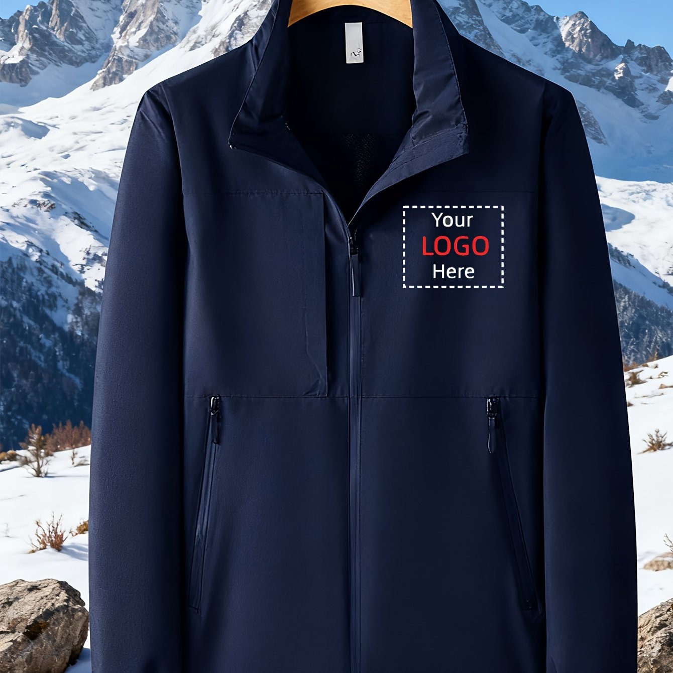TEMU Custom Windproof Jacket Featuring Personalized Workwear Logos On The Front And Back, High-quality Zippered Pockets For Autumn And Winter Outdoor