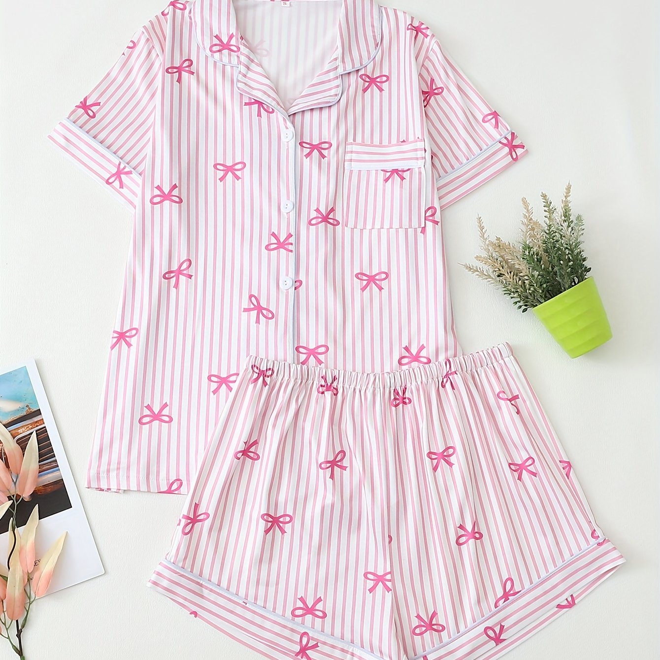 Image of Striped Bow Print Teen Short Sleeve Short Shorts Pajama Set, For Teenager, For Teenager
