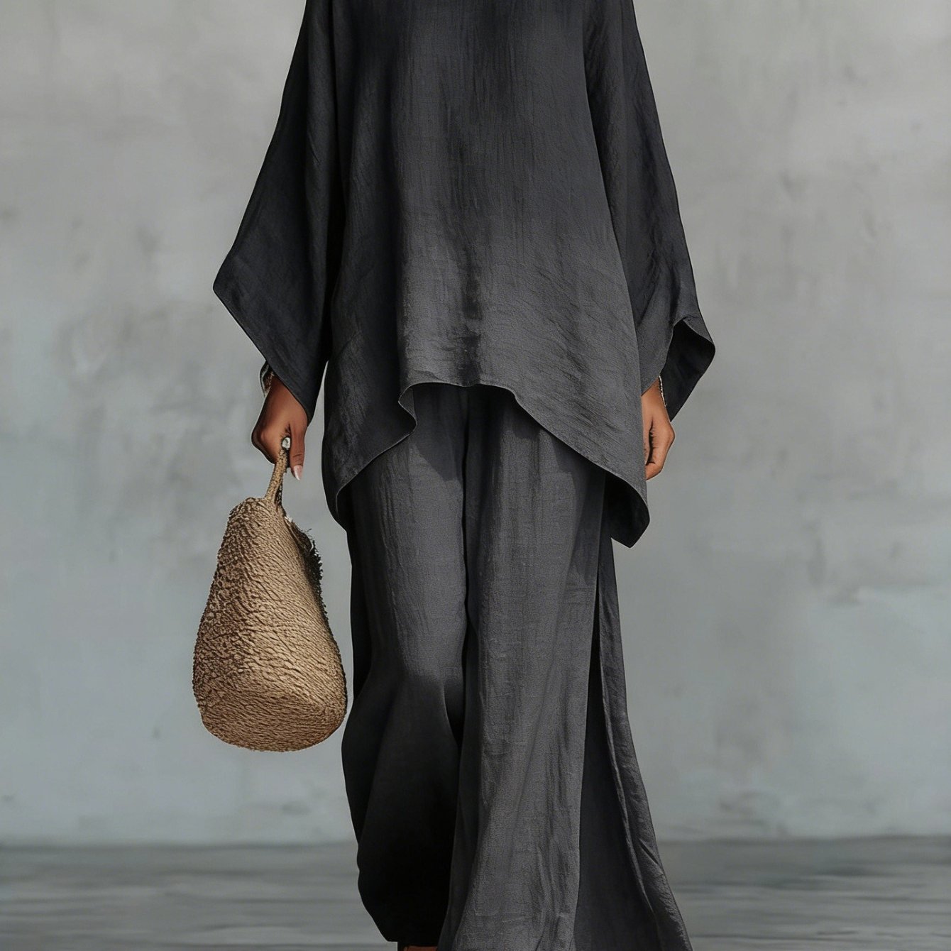 TEMU Women's Relaxed And Elegant Vacation Outfit Set Featuring A Loose Batwing Sleeve Round Neck Top And High-waisted Wide-leg Pants. Made From A