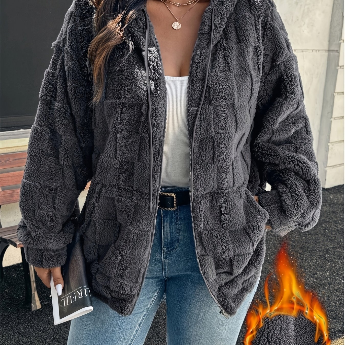 TEMU Plus Size, Women's Plus-size Double-sided Teddy Jacket - Zip-up Hooded With Pockets, Warm Winter Outerwear Suitable For Autumn/winter, Machine