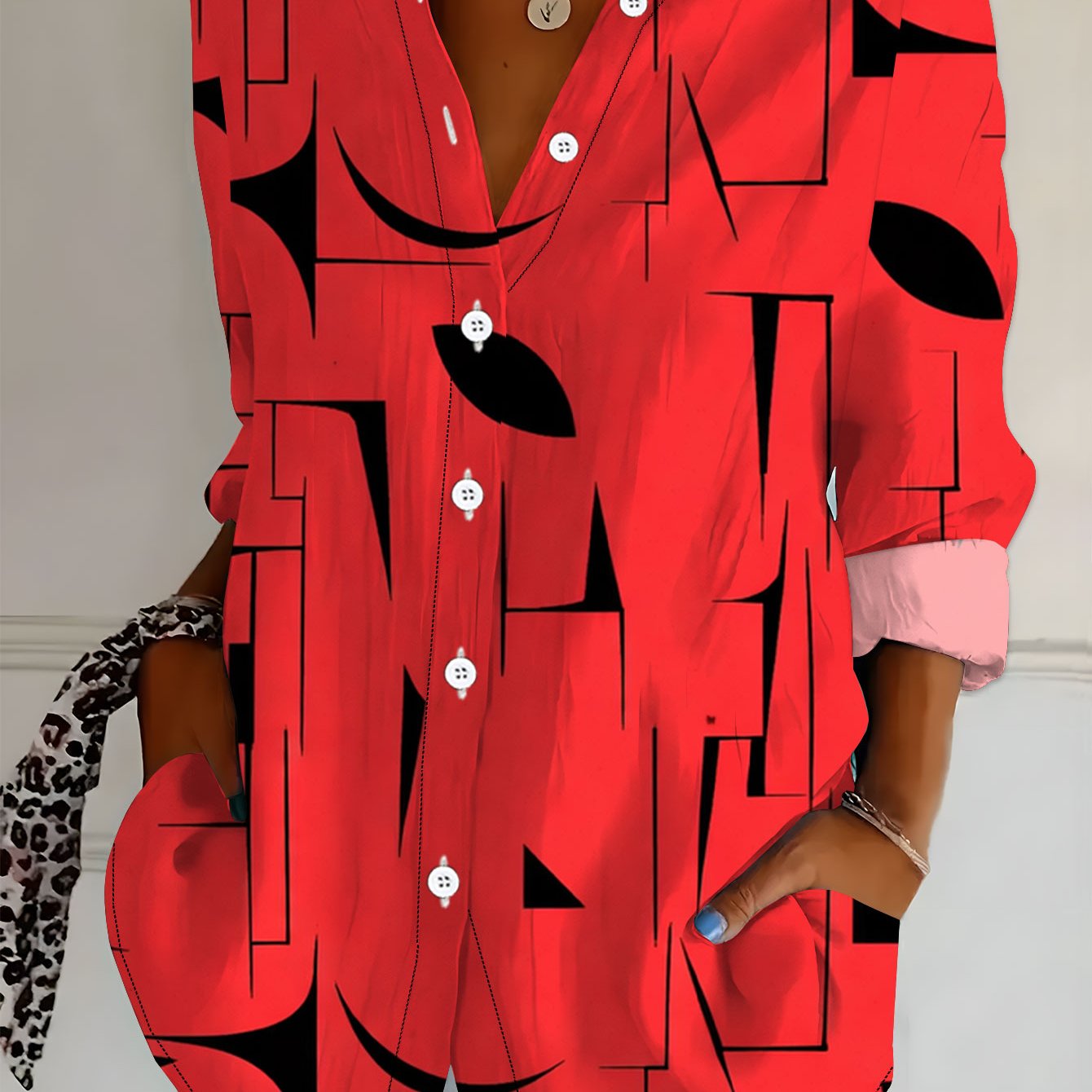 TEMU Plus Size - New Plus Size Women's Long Sleeve Printed Shirt, All-match Elegant Blouse For Women, Red Black Geometric Abstract Pattern, 's Long