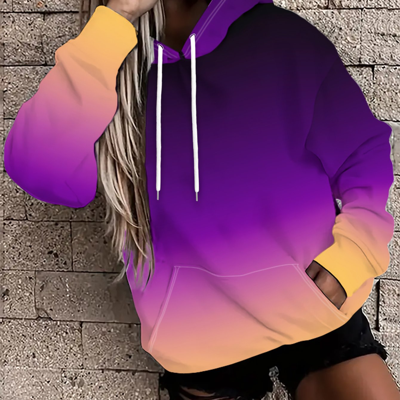 TEMU Sweat à capuche décontracté pour femme avec imprimé numérique sportif, fond dégradé violet foncé jaune clair, pull décontracté automne/hiver,
