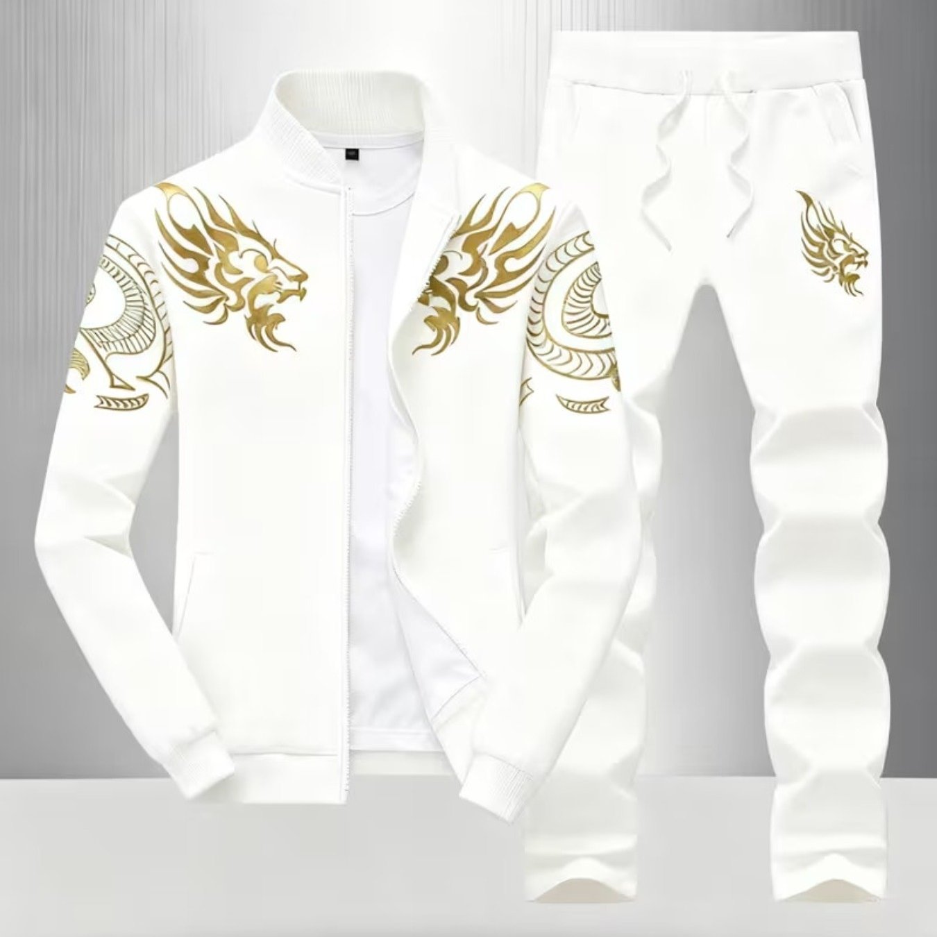 Image of Teen Graphic Tracksuit, Zip Stand Collar Jacket& Drawstring Sweatpants, Sports Jogging Outfit, Perfect For Outdoor, For Teenager