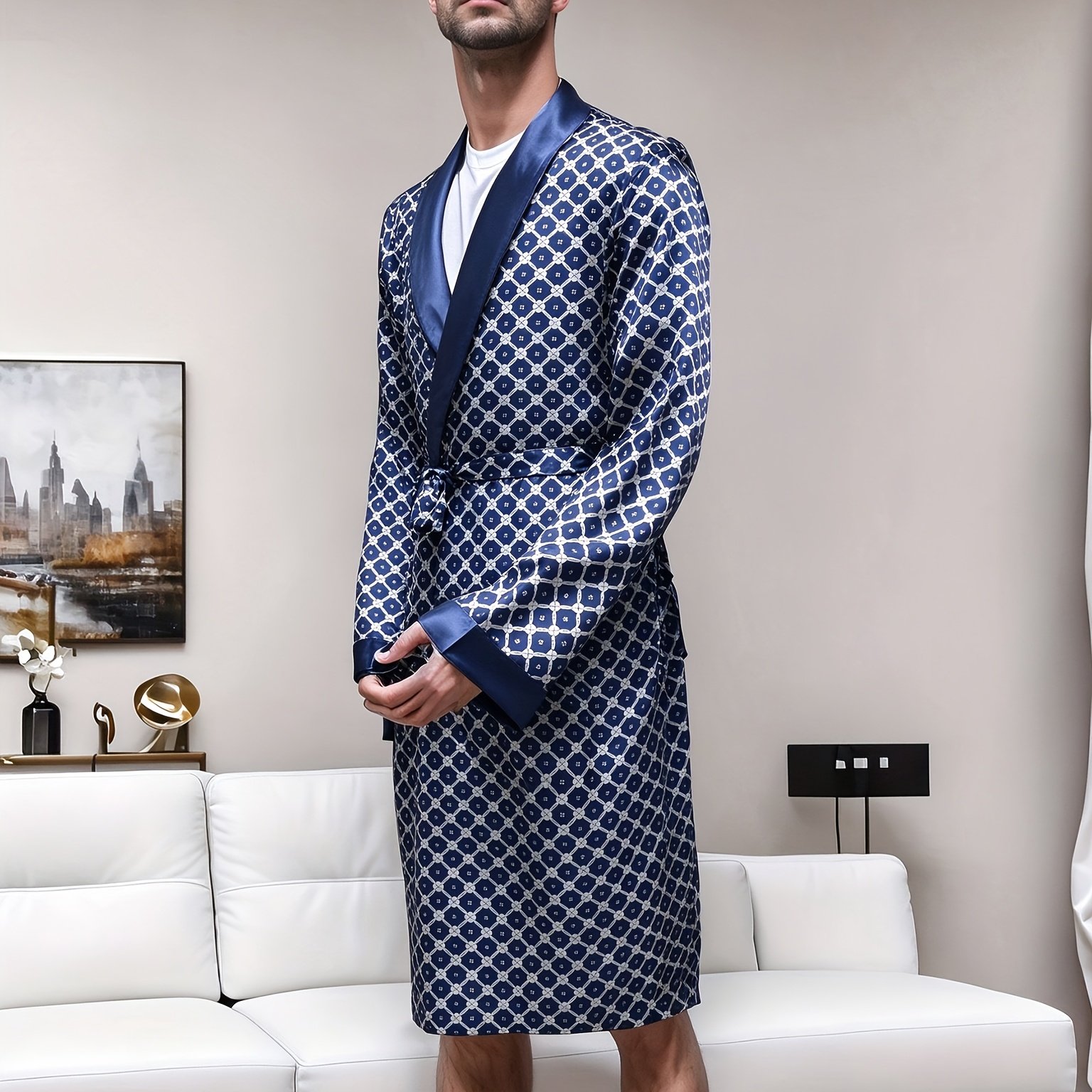 Image of Men's Comfortable And Stylish Minimalist Checkered Print Nightgown, Elegant High-end Color- Nightgown/bathrobe For Wear