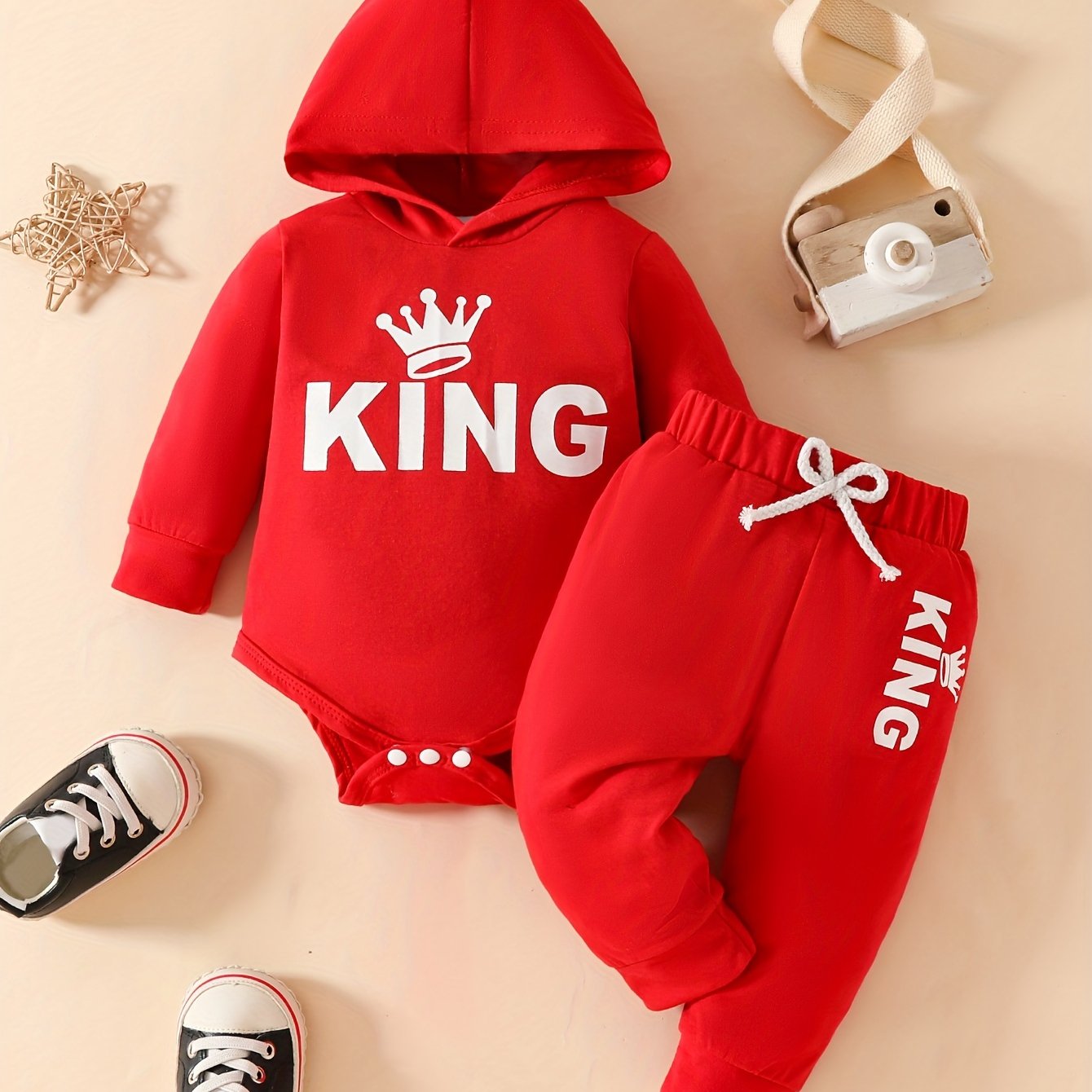 Long-sleeve And Long-pants Crown Print Hooded Romper Set, Perfect For Outdoor